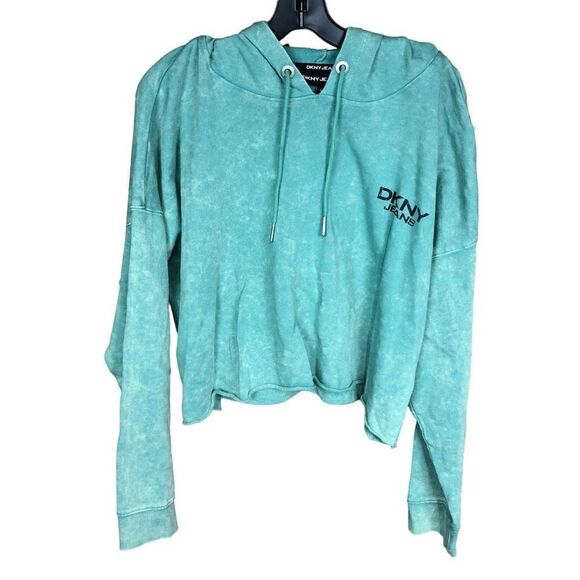 DKNY Hoodie Drawstring Cropped Green Yellow Tie Dye Left Chest Logo Pullover XL - Picture 14 of 15